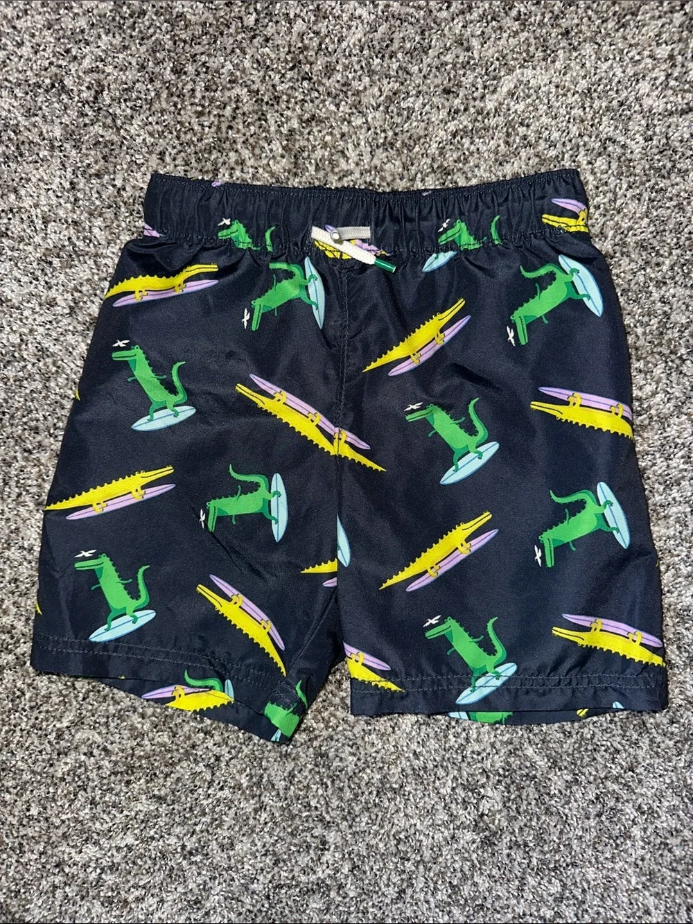 Old Navy Black Swim Shorts with Green & Yellow Surfing Alligators Pattern